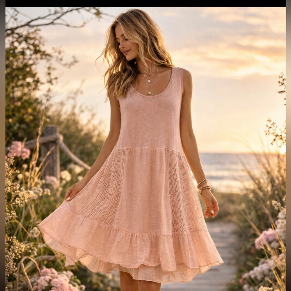 VASNA,Blush Boho Sundress Crochet Lace Panel Lightweight Layered Dress,Size Med